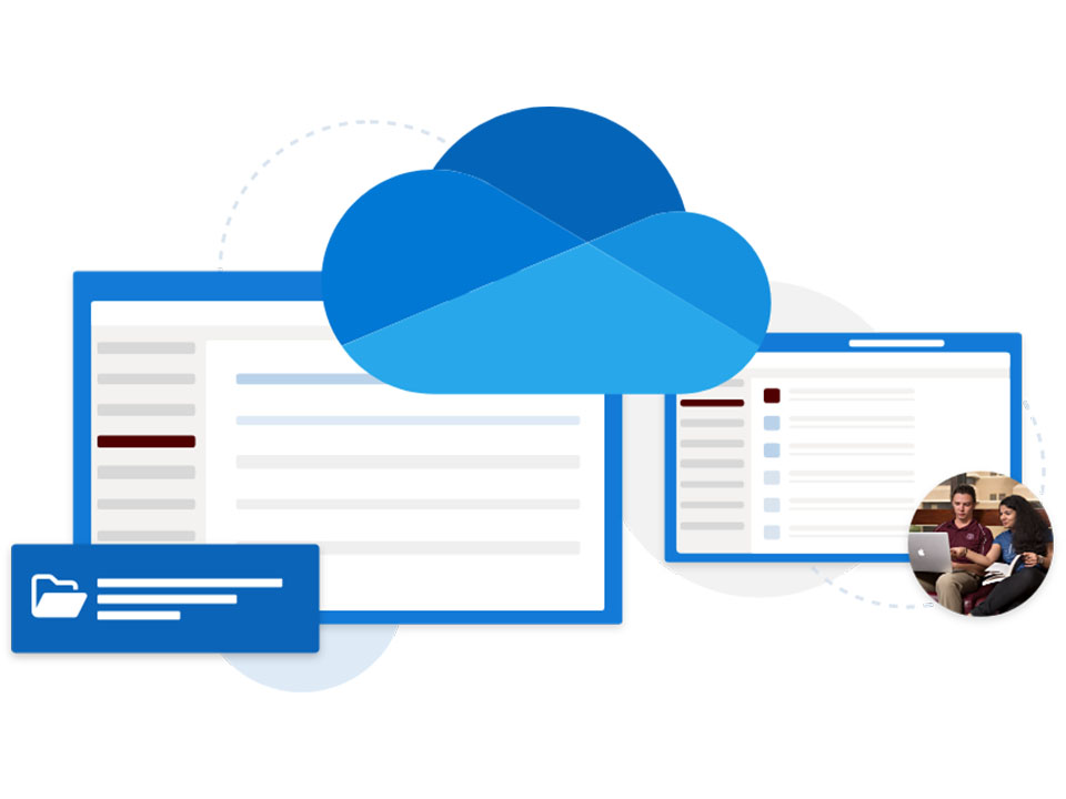 Texas A&M Students using Microsoft OneDrive App next to the OneDrive logo